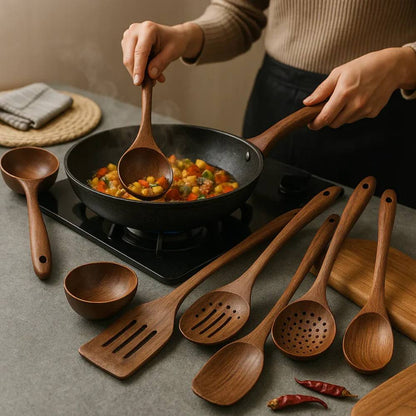 Juego de utensilios de cocina rústicos de madera, duraderos y elegantes
