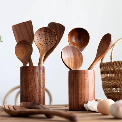 Juego de utensilios de cocina rústicos de madera, duraderos y elegantes