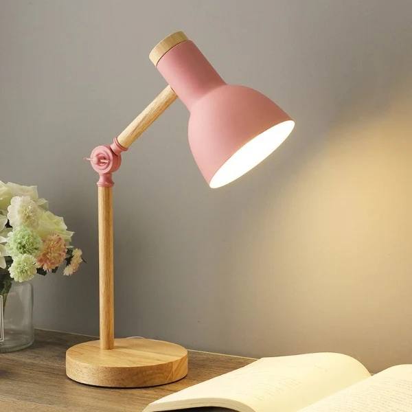 Lámpara de mesa moderna de madera con brazo ajustable y control táctil