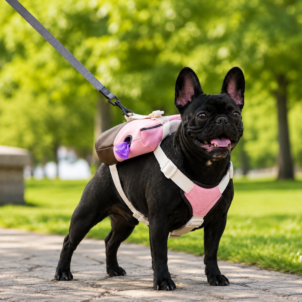 Ortekor Frenchie Adventure Backpack Harness for Daily Walks - Carry Poop Bags, Treats & Keys Without Neck Pulling