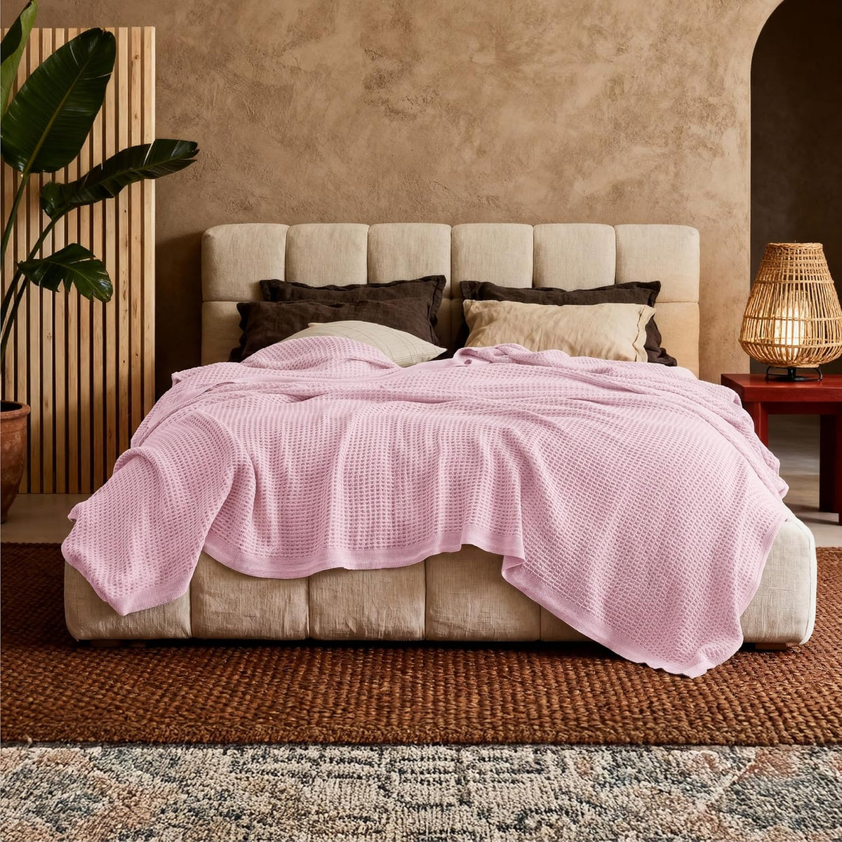 100% Cotton Waffle Weave Throw Blanket Queen King Breathable Lightweight Bed Cover for All Seasons Couch Sofa Bedroom Layering Textured