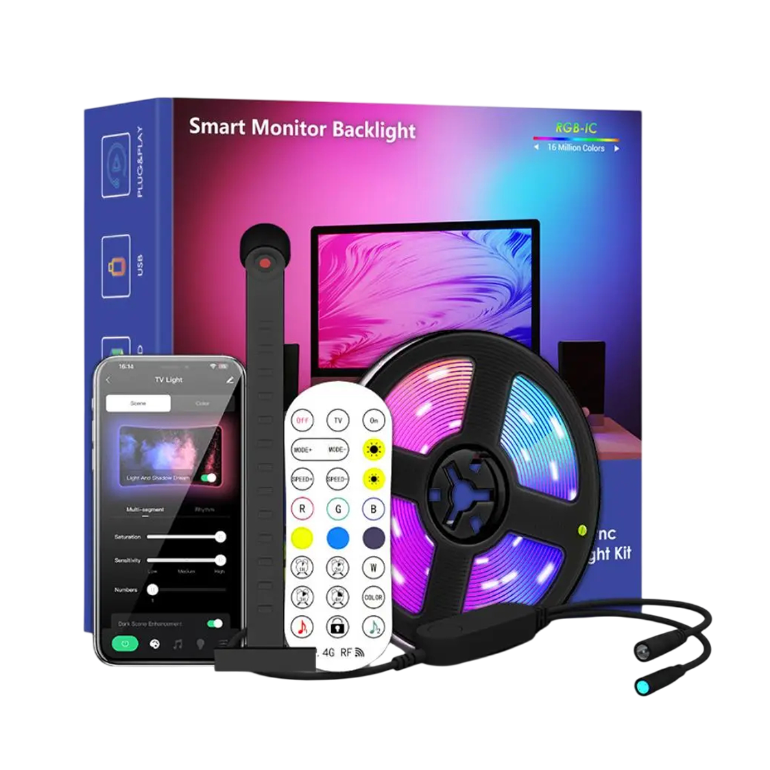 Smart RGBIC LED Bias Lighting for 55-75 inch TVs with Camera-Driven Color Matching and Bluetooth App Control