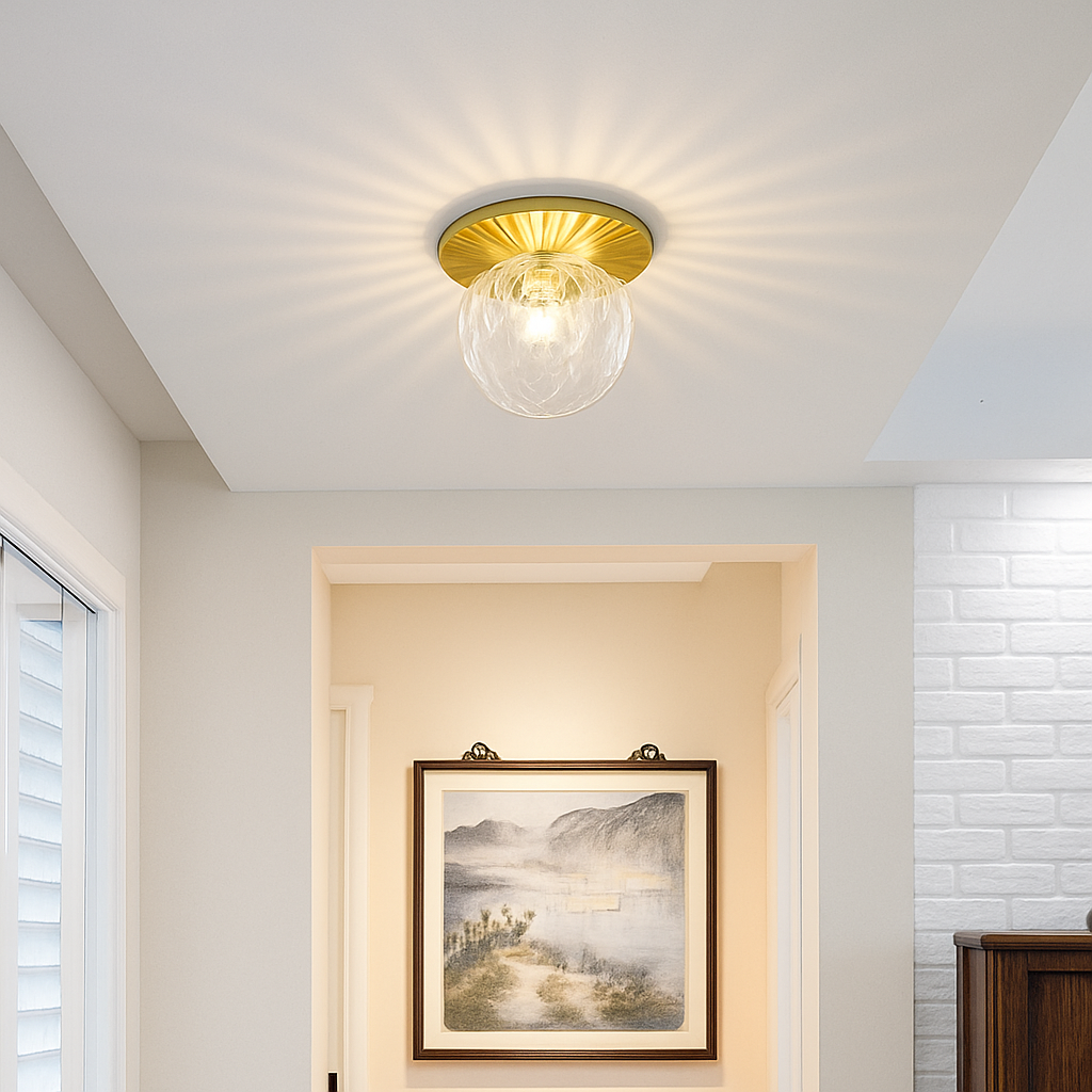 Round Gold Ceiling Light with Glass Globe – LED Flush Mount Fixture for Bedroom & Living Room