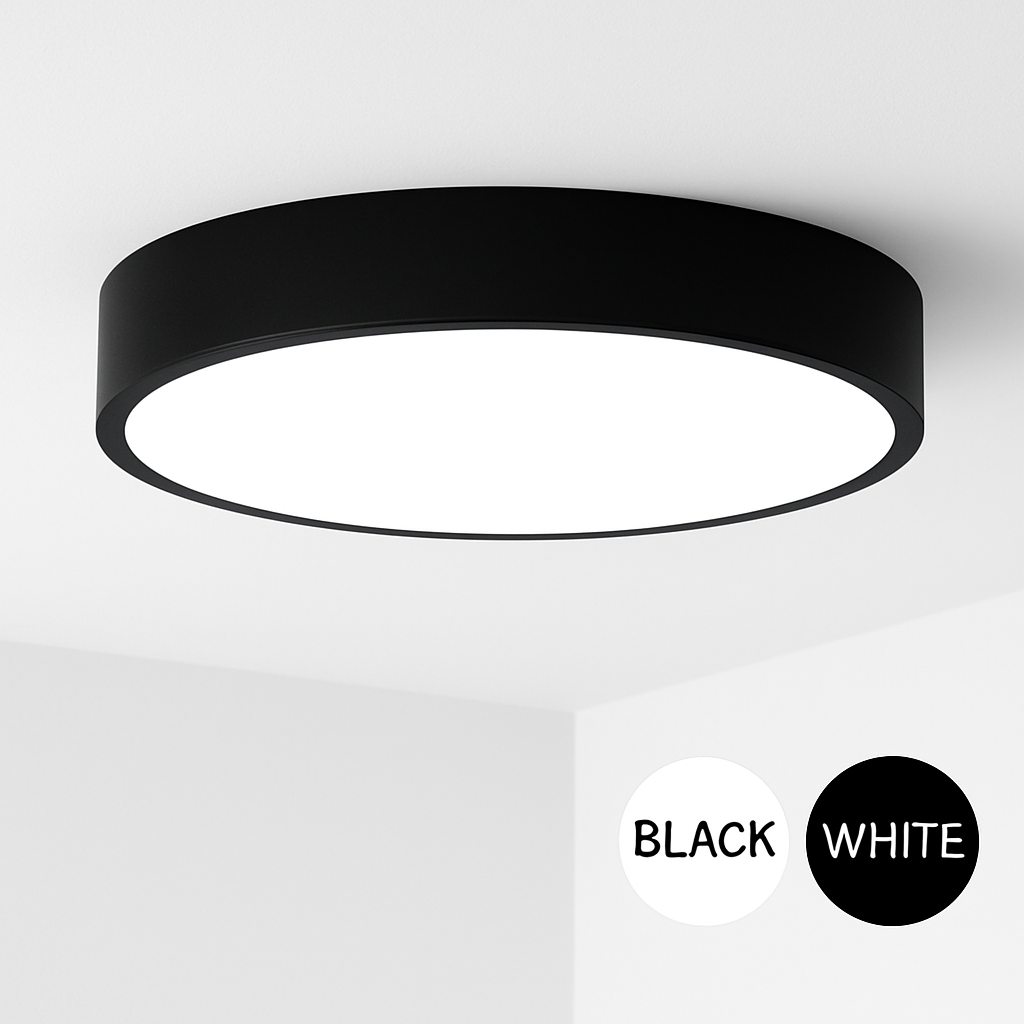 Round LED Ceiling Light Fixture – Modern Minimalist Flush Mount in Black or White for Bedroom, Kitchen, Office – 9 to 24 Inch Sizes