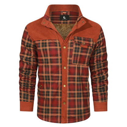 Checkered Button-Up Overshirt for Men – Heavyweight Cotton Blend Shacket with Chest Pockets – Red Plaid
