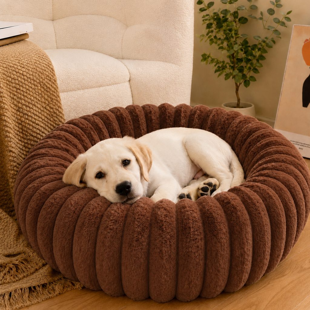 Ortekor Plush Donut Dog & Cat Bed with Raised Rim - Cozy Ribbed Lounger for Naps & Everyday Rest