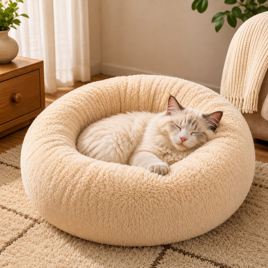 Ortekor Plush Donut Pet Bed for Cats & Small Dogs - Warm Cozy Nest for Cold Floors