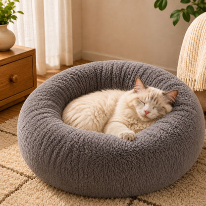 Ortekor Plush Donut Pet Bed for Cats & Small Dogs - Warm Cozy Nest for Cold Floors