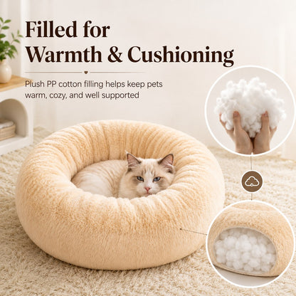 Ortekor Plush Donut Pet Bed for Cats & Small Dogs - Warm Cozy Nest for Cold Floors