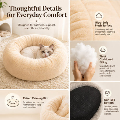 Ortekor Plush Donut Pet Bed for Cats & Small Dogs - Warm Cozy Nest for Cold Floors