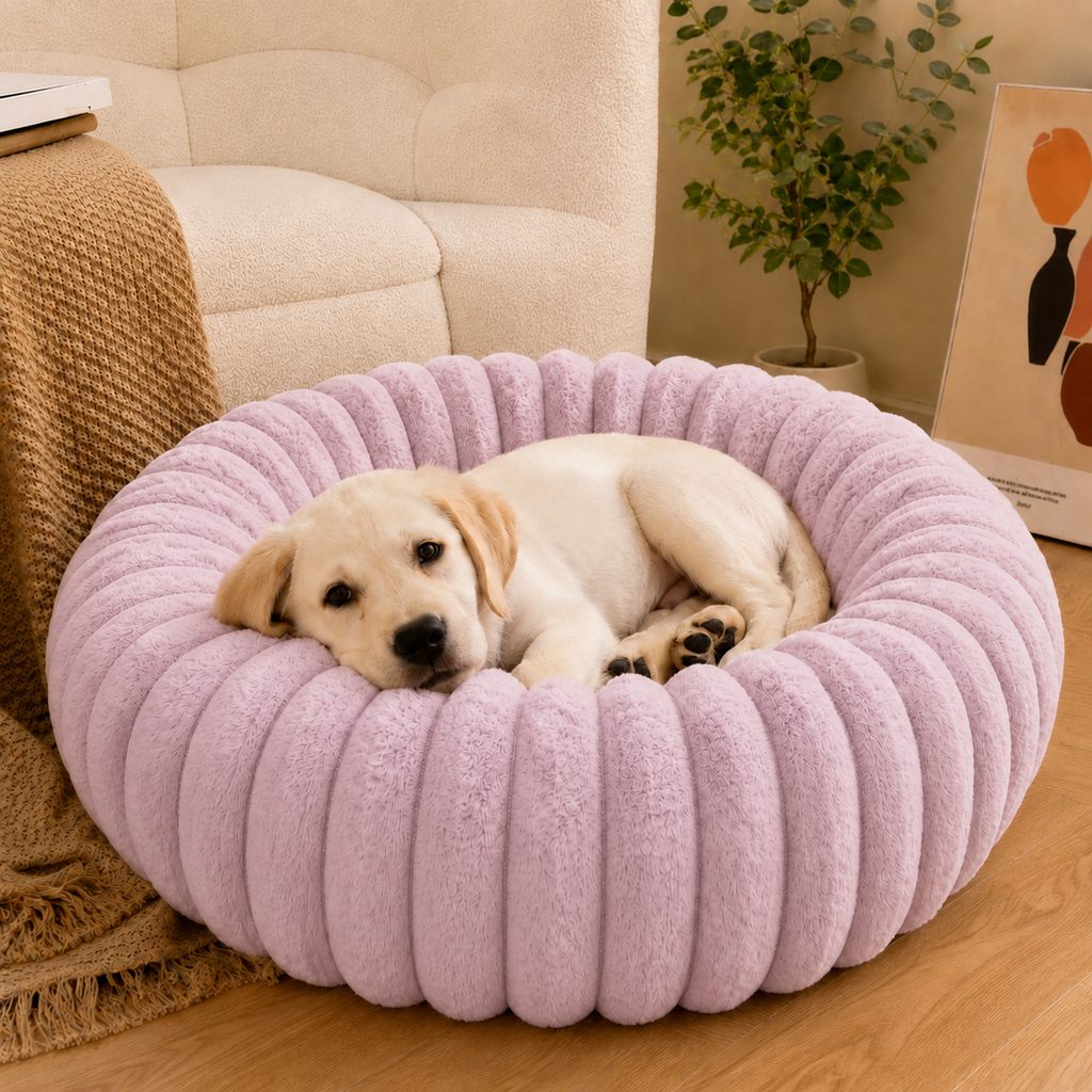 Ortekor Plush Donut Dog & Cat Bed with Raised Rim - Cozy Ribbed Lounger for Naps & Everyday Rest