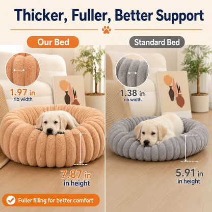Ortekor Plush Donut Dog & Cat Bed with Raised Rim - Cozy Ribbed Lounger for Naps & Everyday Rest