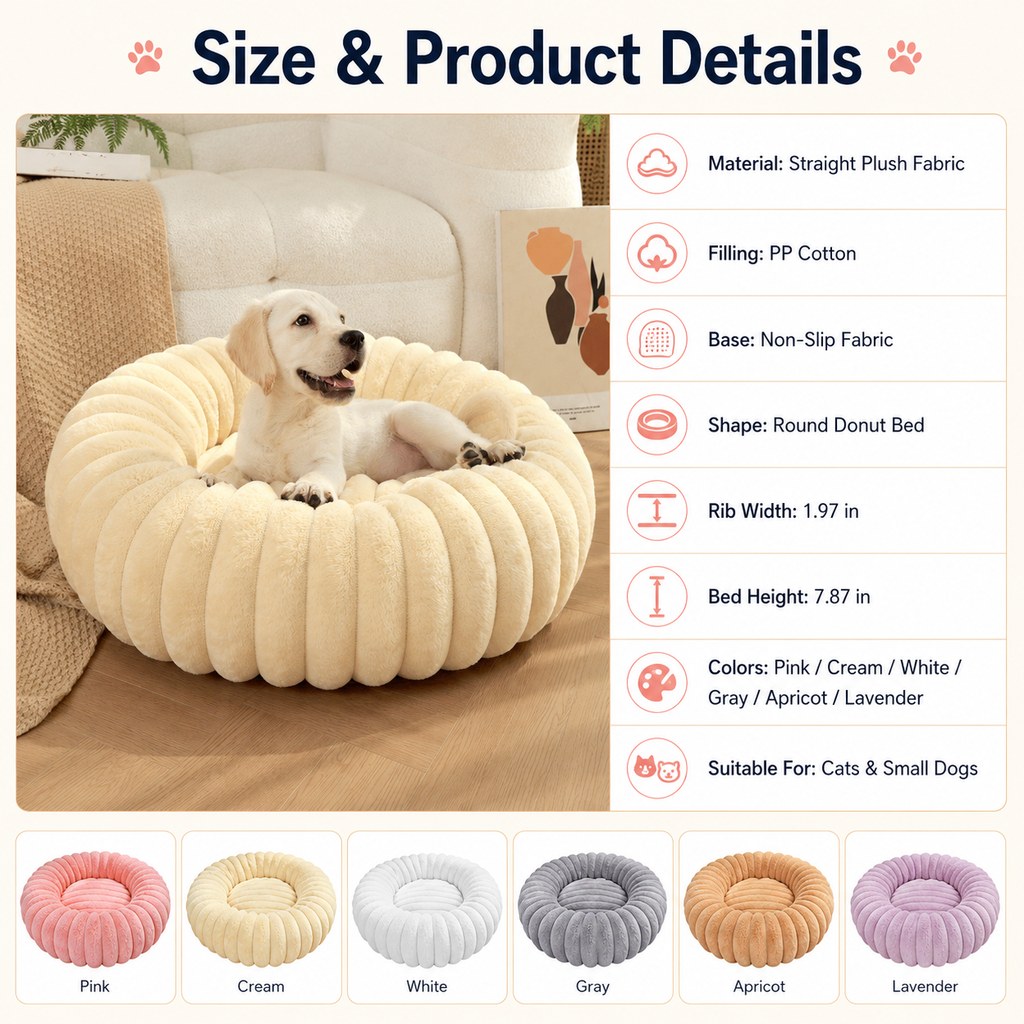 Ortekor Plush Donut Dog & Cat Bed with Raised Rim - Cozy Ribbed Lounger for Naps & Everyday Rest