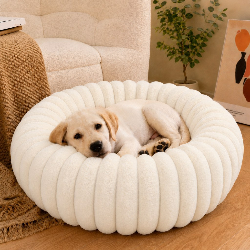 Ortekor Plush Donut Dog & Cat Bed with Raised Rim - Cozy Ribbed Lounger for Naps & Everyday Rest