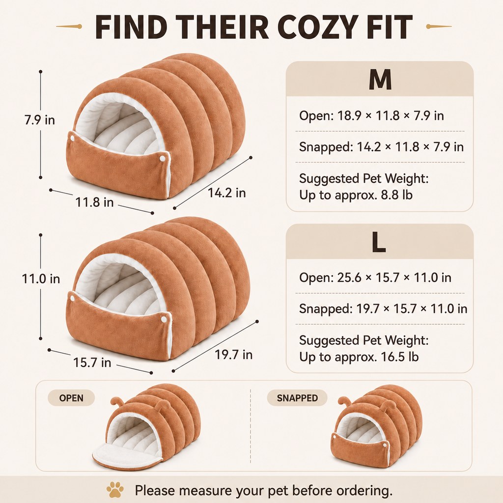 Ortekor Plush Semi-Enclosed Cat Cave Bed for Indoor Cats – Cozy Hideaway with Adjustable Snap Front, Caterpillar & Classic Styles