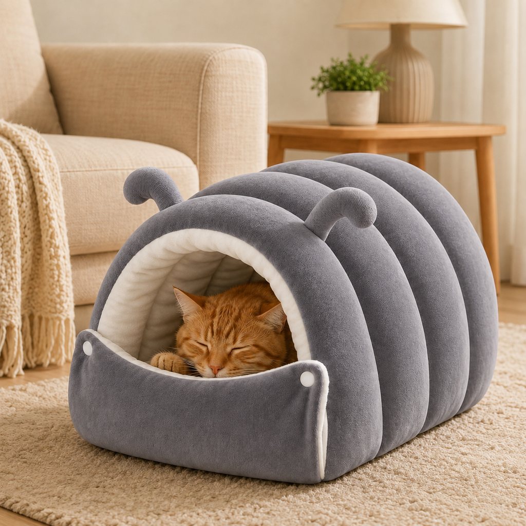 Ortekor Plush Semi-Enclosed Cat Cave Bed for Indoor Cats – Cozy Hideaway with Adjustable Snap Front, Caterpillar & Classic Styles