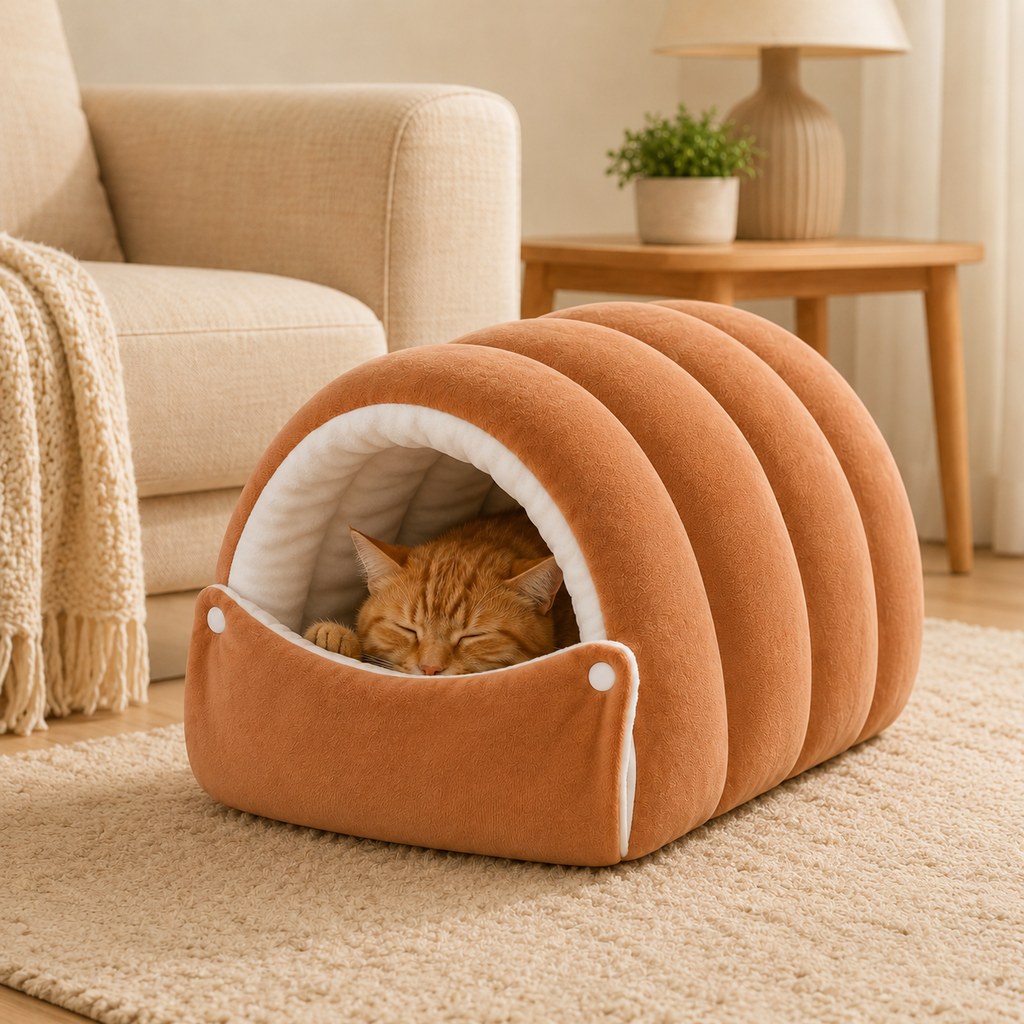 Ortekor Plush Semi-Enclosed Cat Cave Bed for Indoor Cats – Cozy Hideaway with Adjustable Snap Front, Caterpillar & Classic Styles