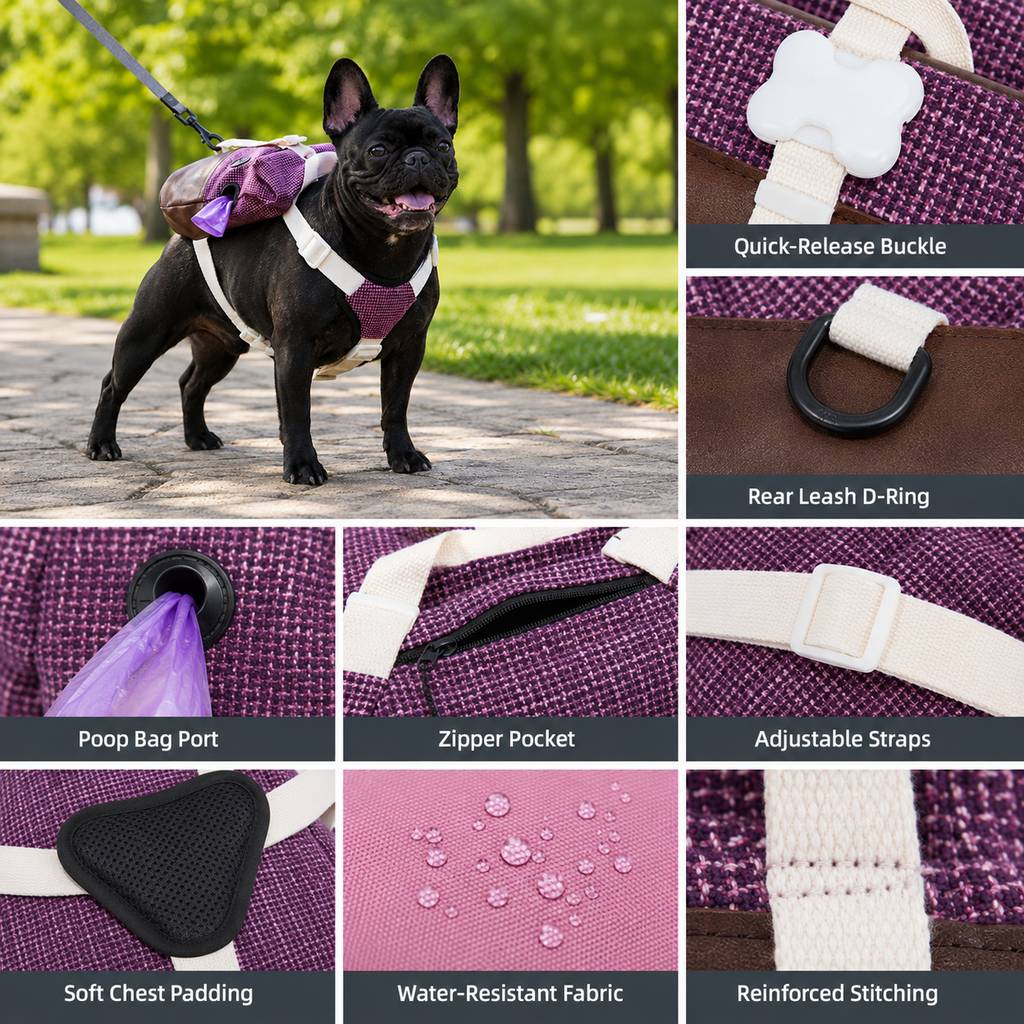 Ortekor Frenchie Adventure Backpack Harness for Daily Walks - Carry Poop Bags, Treats & Keys Without Neck Pulling