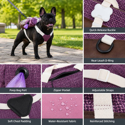 Ortekor Frenchie Adventure Backpack Harness for Daily Walks - Carry Poop Bags, Treats & Keys Without Neck Pulling