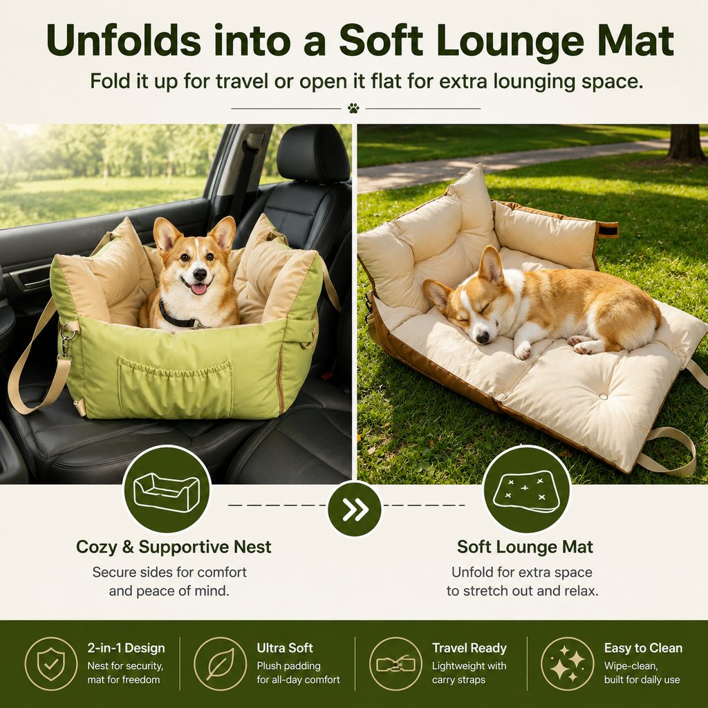 Ortekor Portable Pet Car Bed for Road Trips, Camping & Home Lounging - Cozy, Secure Rest Spot for Small to Medium Dogs