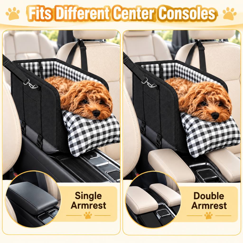 Ortekor Portable Pet Console Car Seat Carrier for Small Dogs & Cats - Front Seat Travel Solution with Secure Straps and Cozy Cushion