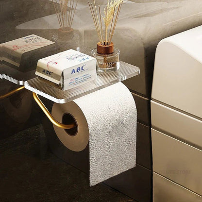 Korin Toilet Paper Holder Stand - Wall-Mounted Metal with Integrated Shelf, Gold or Silver Finish