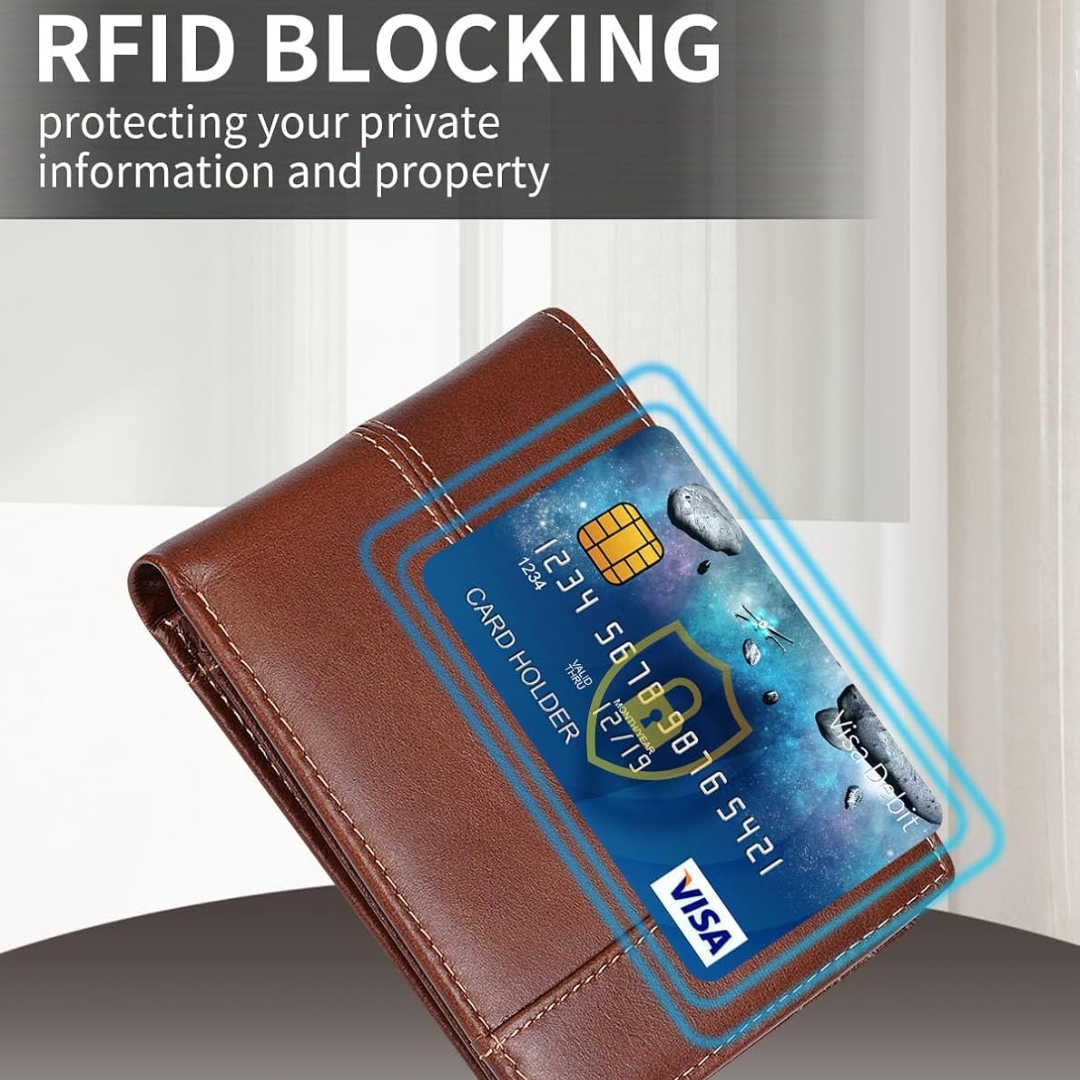 Genuine Leather Bifold Wallet with RFID Protection for Men – 16 Card Slots ID Window Cash Holder Classic Fold Design Slim Everyday Carry Poc