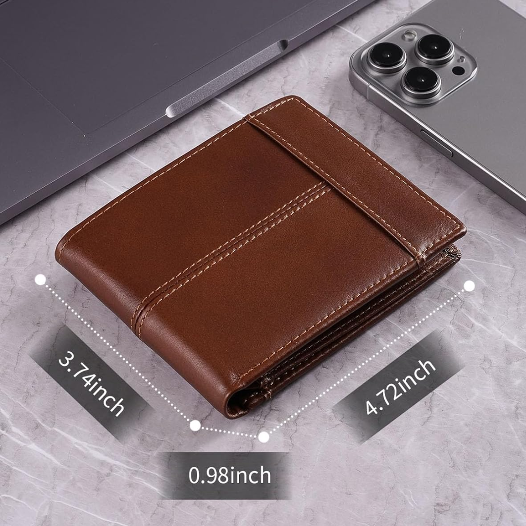Genuine Leather Bifold Wallet with RFID Protection for Men – 16 Card Slots ID Window Cash Holder Classic Fold Design Slim Everyday Carry Poc