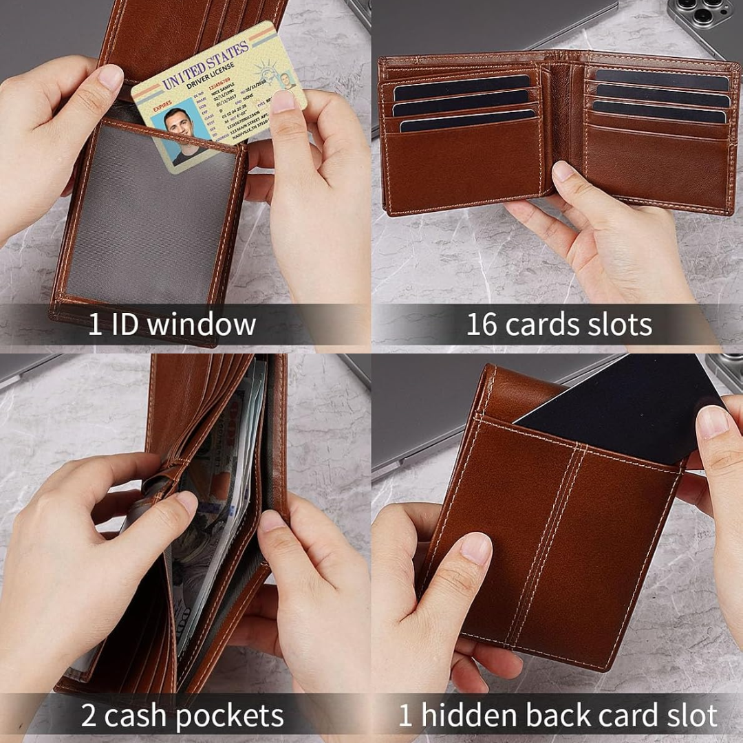 Genuine Leather Bifold Wallet with RFID Protection for Men – 16 Card Slots ID Window Cash Holder Classic Fold Design Slim Everyday Carry Poc