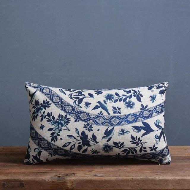 Throw Pillow Cover 18x18 Inches Blue Porcelain Print Linen Cotton Hidden Zipper for Couch Bedroom Chair Soft Textured Decorative Cushion Cas