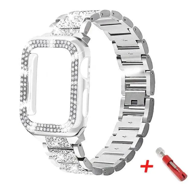 Embellished Steel Band + Protective Case Set for Apple Watch Series (38mm–44mm) – Coordinated Finish
