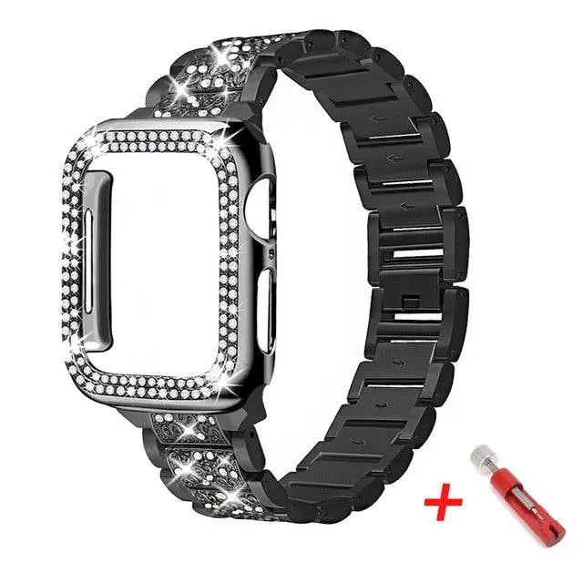 Embellished Steel Band + Protective Case Set for Apple Watch Series (38mm–44mm) – Coordinated Finish