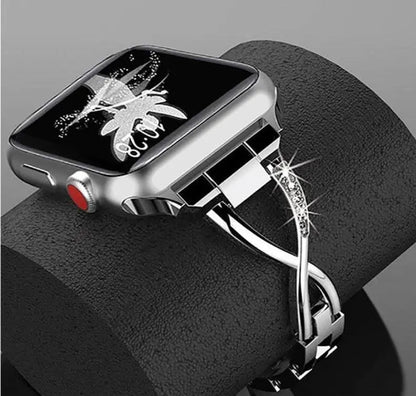 Jewelry-Style Steel Watch Band & Protective Case Bundle for Apple Watch Series – Coordinated Finish & Snap-On Installation
