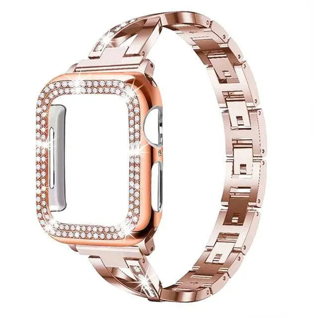 Jewelry-Style Steel Watch Band & Protective Case Bundle for Apple Watch Series – Coordinated Finish & Snap-On Installation