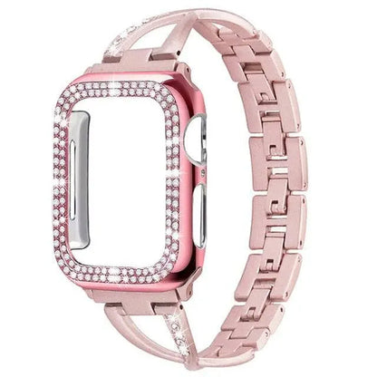 Jewelry-Style Steel Watch Band & Protective Case Bundle for Apple Watch Series – Coordinated Finish & Snap-On Installation