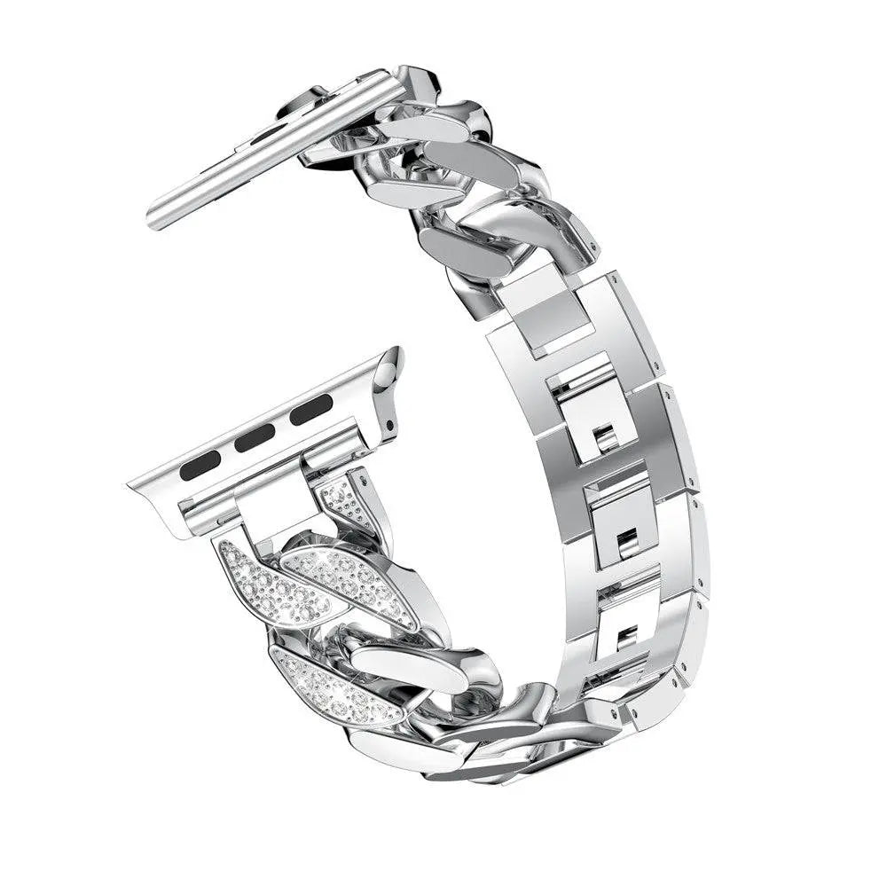 Stainless Steel Link Watch Strap with Crystal Accent Design – Adjustable Metal Bracelet for 38mm to 49mm Smart Watches