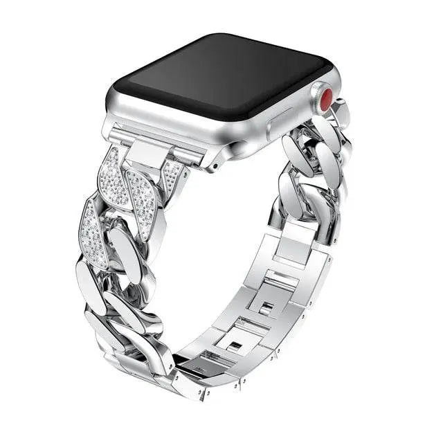 Stainless Steel Link Watch Strap with Crystal Accent Design – Adjustable Metal Bracelet for 38mm to 49mm Smart Watches