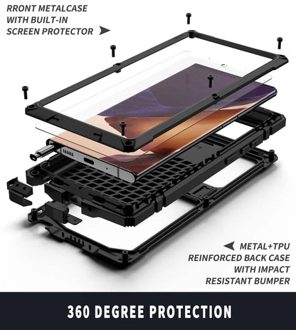 Heavy-Duty Aluminum Phone Case for Galaxy Note 20 & Note 20 Ultra – Tempered Glass Screen Guard, Built-In Kickstand, Scratch-Resistant