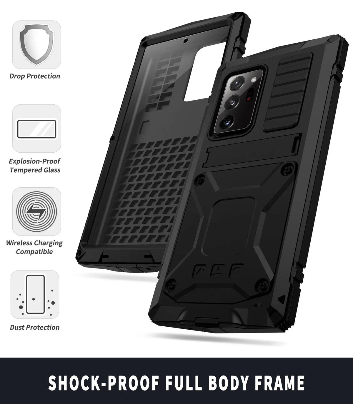Heavy-Duty Aluminum Phone Case for Galaxy Note 20 & Note 20 Ultra – Tempered Glass Screen Guard, Built-In Kickstand, Scratch-Resistant
