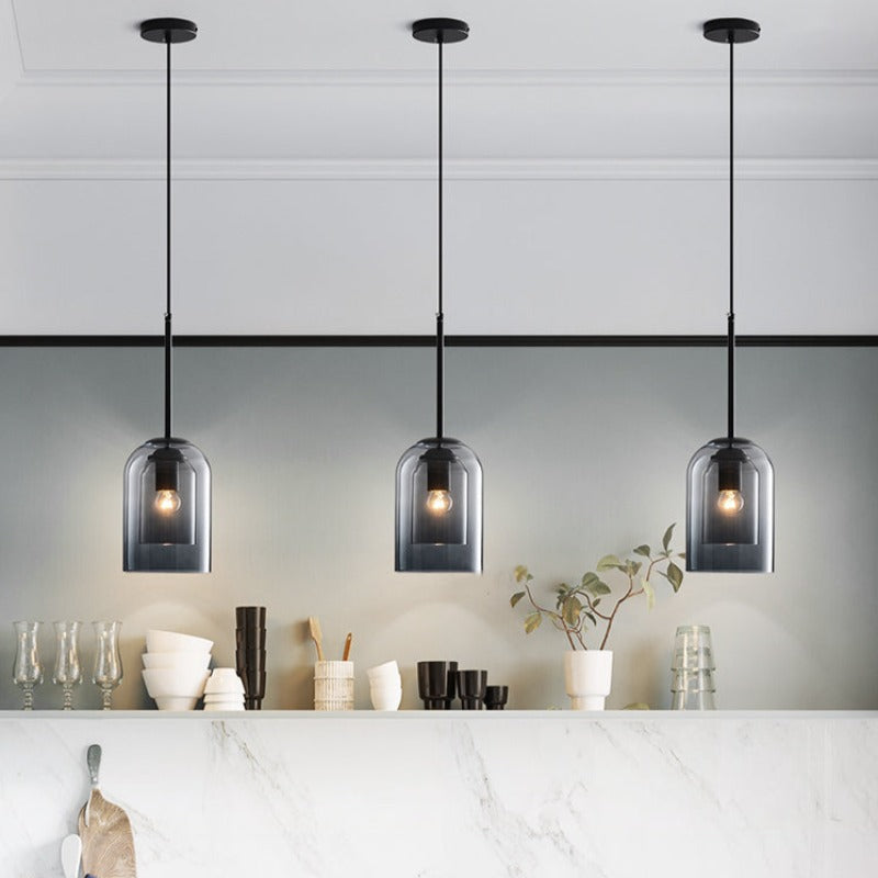 Dual-Layer Glass Pendant Light 6 in Smoke Gray E27 Socket Hanging Lamp Adjustable 59 in Cord for Dining Table Kitchen Island Ceiling Fixture