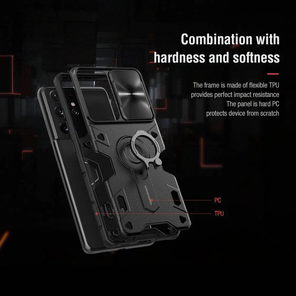 Aluminum Ring Stand Phone Case with Camera Guard for Samsung Galaxy S21, S21 Plus & S21 Ultra – Built-In Kickstand & Shockproof Frame