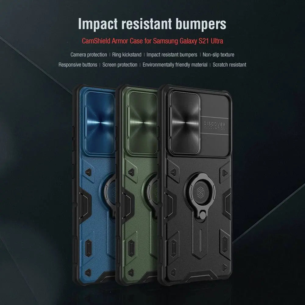 Aluminum Ring Stand Phone Case with Camera Guard for Samsung Galaxy S21, S21 Plus & S21 Ultra – Built-In Kickstand & Shockproof Frame