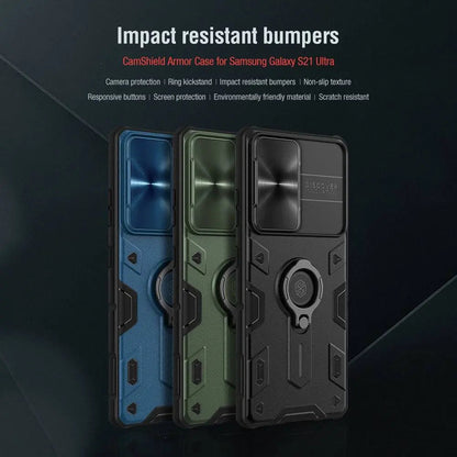 Aluminum Ring Stand Phone Case with Camera Guard for Samsung Galaxy S21, S21 Plus & S21 Ultra – Built-In Kickstand & Shockproof Frame