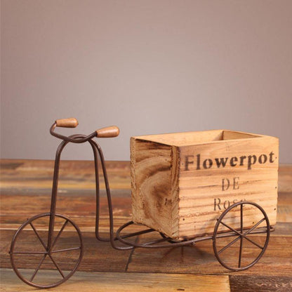 Wrought Iron Tricycle with Wooden Planter Stand