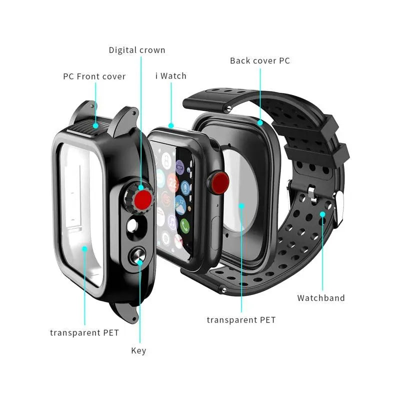Protective Sport Band & Case Kit for Apple Watch 44mm & 42mm – Silicone Wristband with Snap-On Screen Bumper for Series 6/5/4/SE & Series