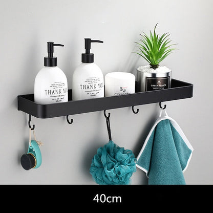 Floating Aluminum Storage Rack for Bathroom & Kitchen Organization | Space-Saving Wall Shelf with Towel Bar | Black Metal Organizer for Smal