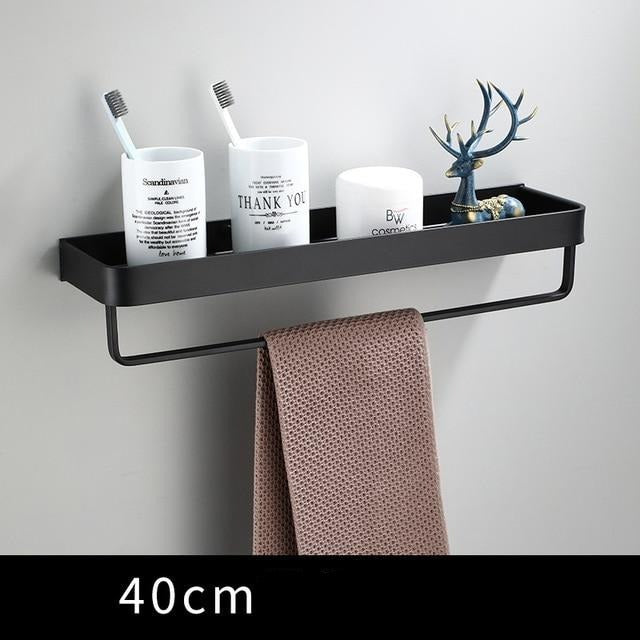 Floating Aluminum Storage Rack for Bathroom & Kitchen Organization | Space-Saving Wall Shelf with Towel Bar | Black Metal Organizer for Smal