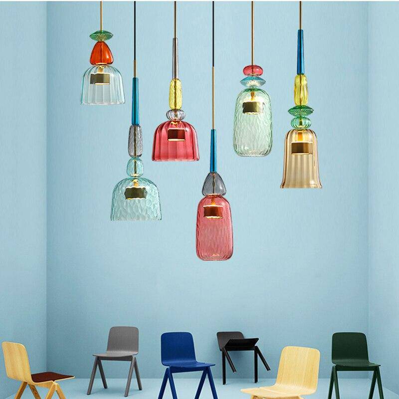 Hanging Glass Shade Fixture with LED Bulb – Adjustable Height Iron Ceiling Light for Kitchen Island Dining Room Bedroom – 6 in Colored Glass