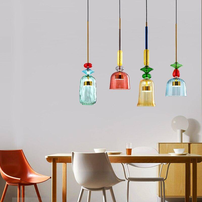 Hanging Glass Shade Fixture with LED Bulb – Adjustable Height Iron Ceiling Light for Kitchen Island Dining Room Bedroom – 6 in Colored Glass