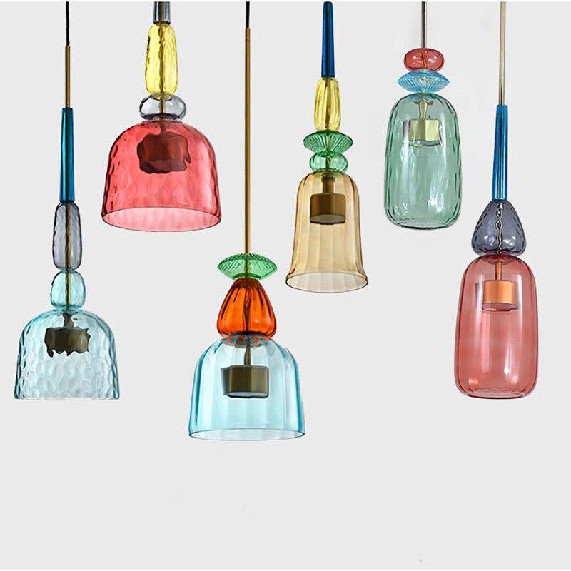 Hanging Glass Shade Fixture with LED Bulb – Adjustable Height Iron Ceiling Light for Kitchen Island Dining Room Bedroom – 6 in Colored Glass